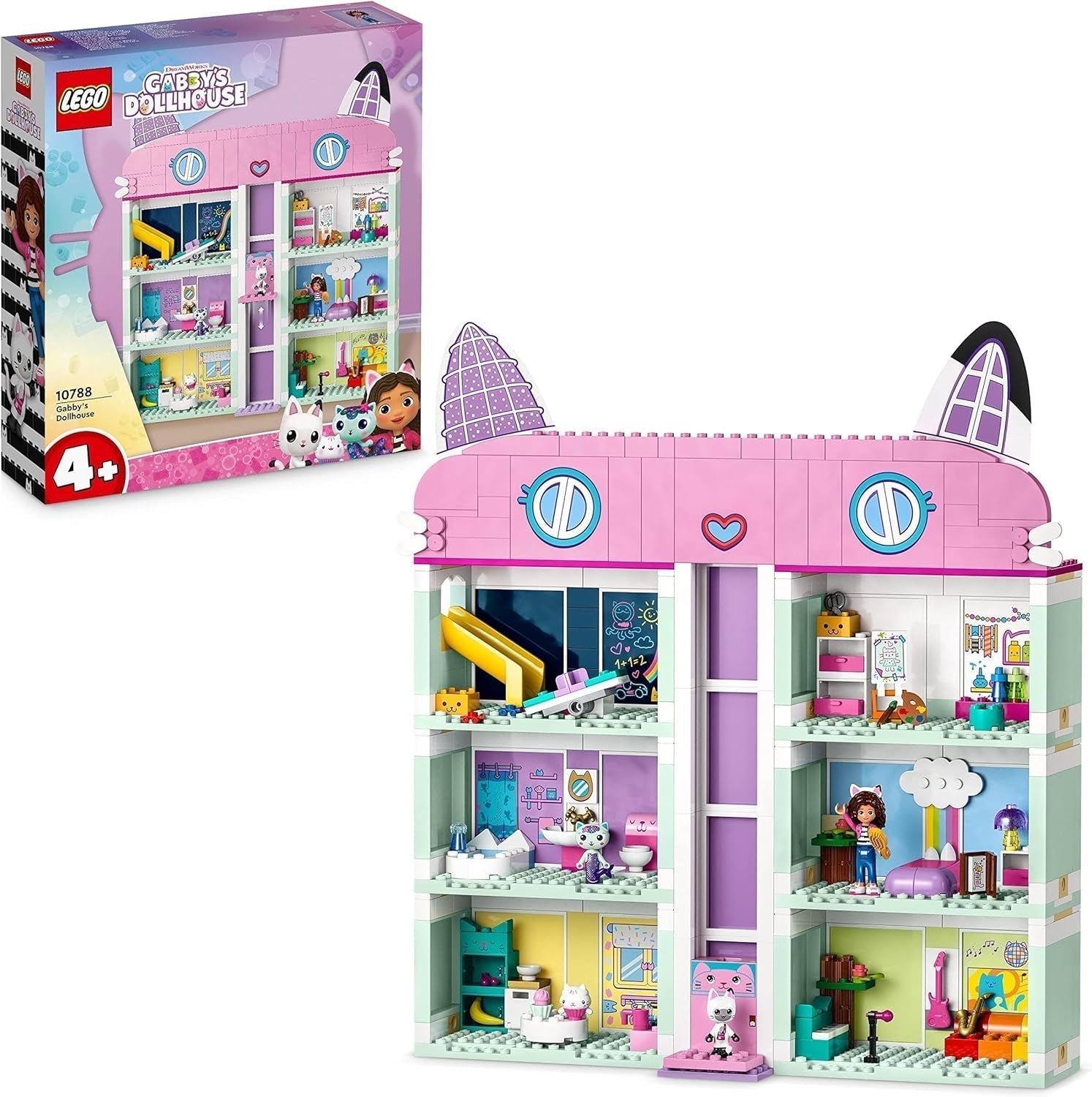 Lego 10788 Domek dla lalek Gabby, 8 pokoi i 4 piętra Domek dla lalek Gabby z figurkami Pandi, Surykatki i Kuchi oraz akcesoriami, prezent dla 4-letnich dziewcząt, chłopców i dzieci Zestawy do budowania Besuche den LEGO-Store Single