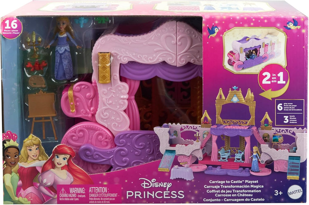Mattel Disney Princess Transformation Playset Carriage to Castle cu păpușă mică Aurora, 3 niveluri, 6 zone de joacă, 4 figurine, mobilier și accesorii HWX17