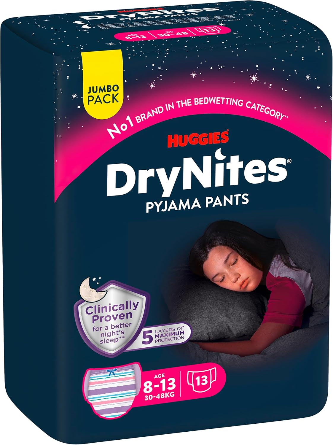Huggies DryNites Pieluchy na noc dla chłopców w wieku od 13 do około 8–13 lat (30–48 kg) 33 sztuki (3x11) Jumbo miesięczne opakowanie XL Majtki Vazba Bath Products
