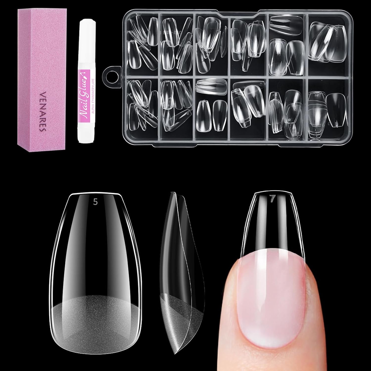 Tipuri de unghii pentru unghii cu gel, set 120 bucăți unghii artificiale scurte, culoare migdale, 11 dimensiuni unghii cu gel, tipuri de unghii cu lipici, bloc de buffer pentru unghii