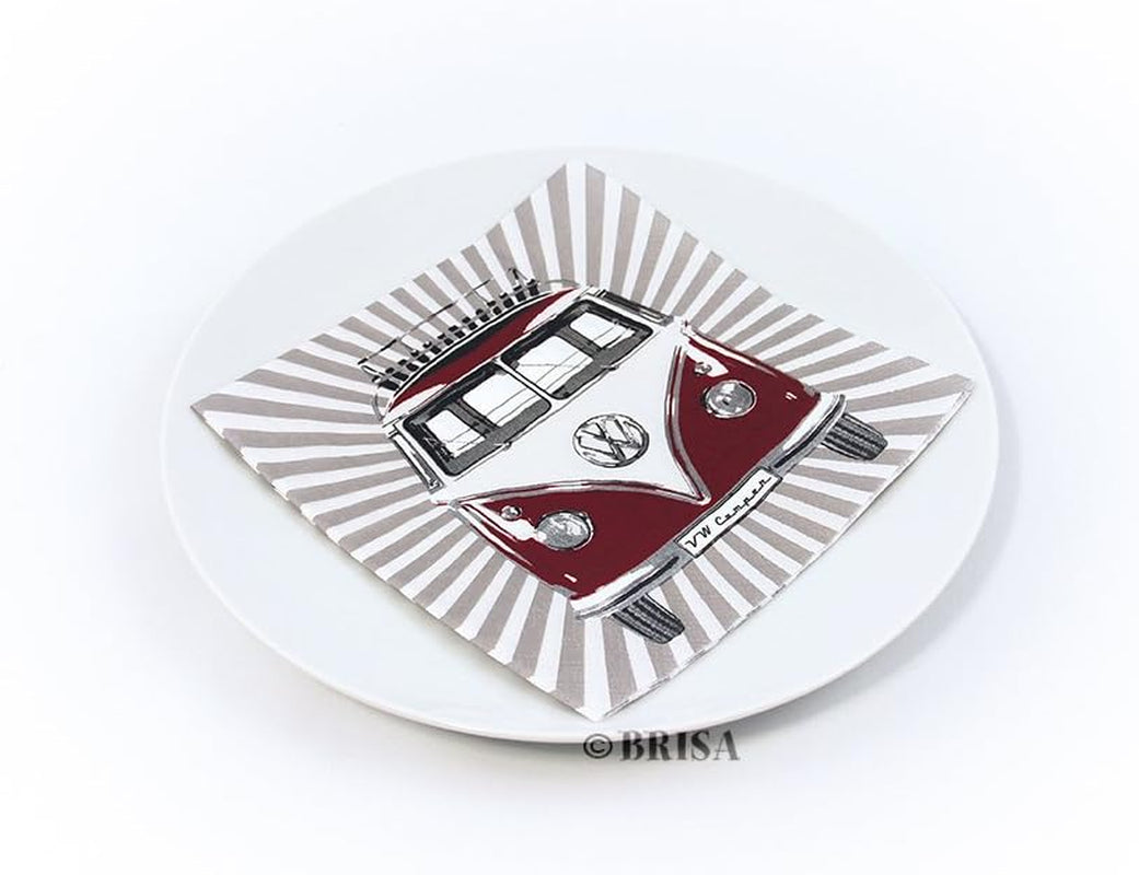 BRISA VW Collection - Șervețele de masă Volkswagen cu autobuz T1 (dungi Samba/roșu/3 straturi)