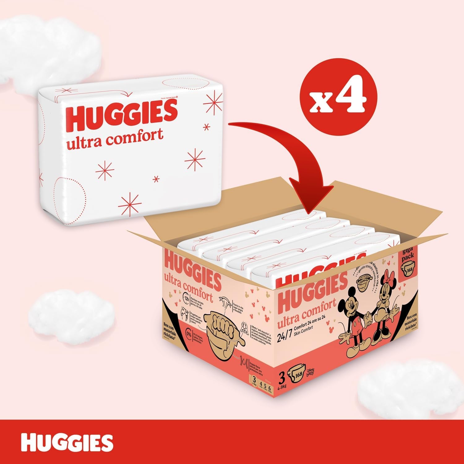Pieluchy Huggies Ultra Comfort, rozmiar 3 (4-9 kg), wzór Disney, 168 sztuk