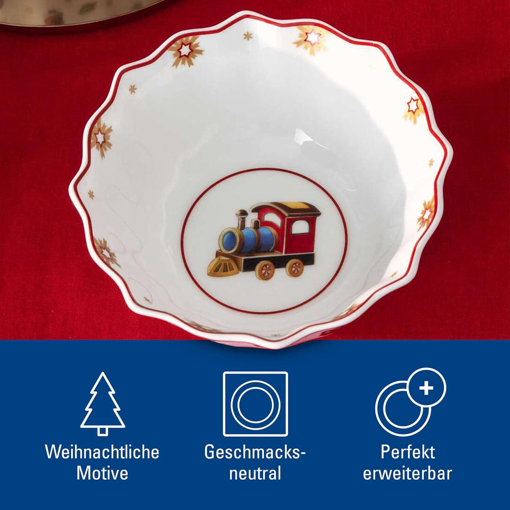 Villeroy & Boch - Set de mic dejun Toy's Delight pentru 2 persoane, Design Locomotivă, 6 piese, Colorat, Crăciun, Set de veselă cu farfurii, căni și boluri pentru micul dejun, Veselă de Crăciun, Porțelan Premium