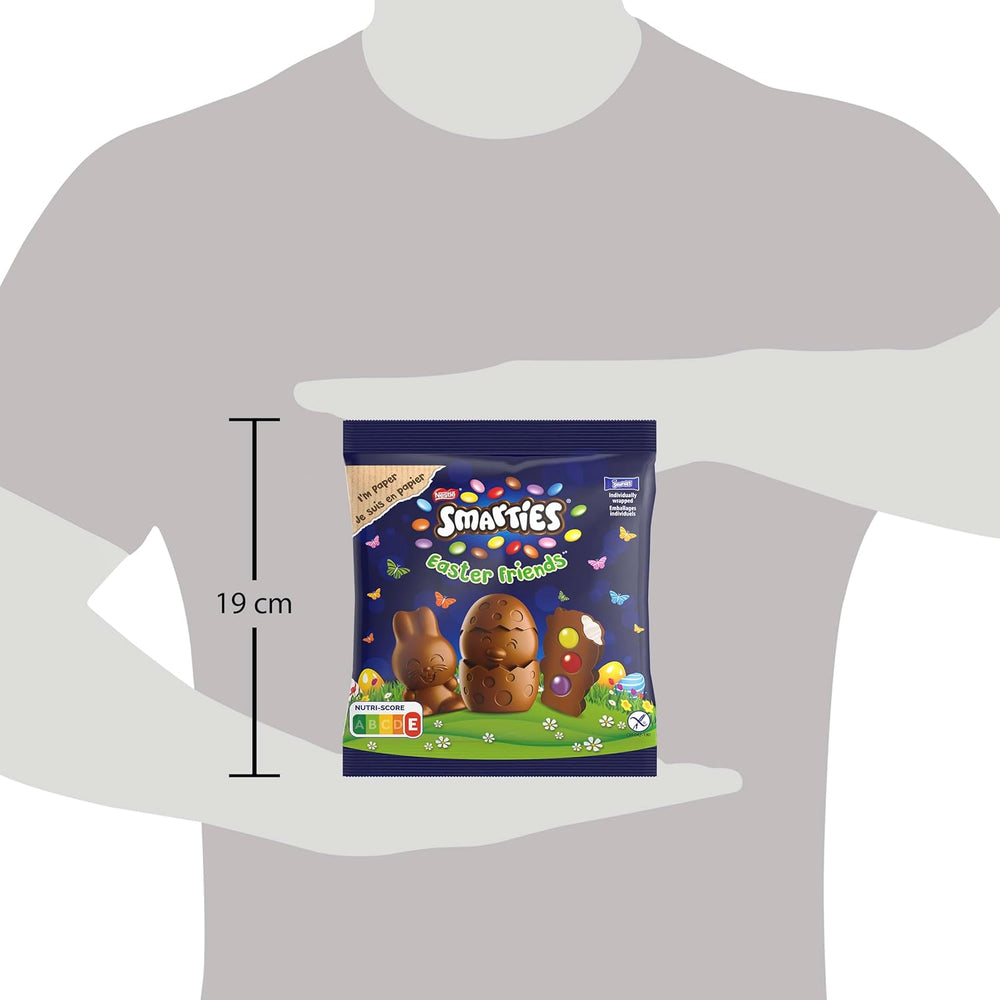 NESTLÉ SMARTIES Easter Friends, figurki o tematyce wielkanocnej, wykonane z delikatnej mlecznej czekolady z kremowym nadzieniem i kolorowych mini soczewicy z czekoladą SMARTIES, 1 opakowanie (1 x 65g)