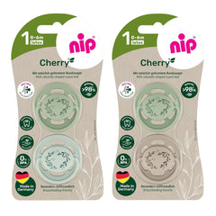 nip - Verde Cireș | 0-6 luni | Pachet de 4 | Suzetă pentru bebeluși, potrivită pentru alăptare și pentru dinți. Suzetă sustenabilă, fabricată din materii prime naturale, verde deschis/maro