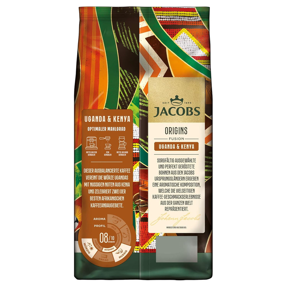 Boabe de cafea Jacobs Origins Uganda și Kenya, espresso corpolent cu o notă picantă, intensitate 8/10, boabe întregi de cafea, 1 kg