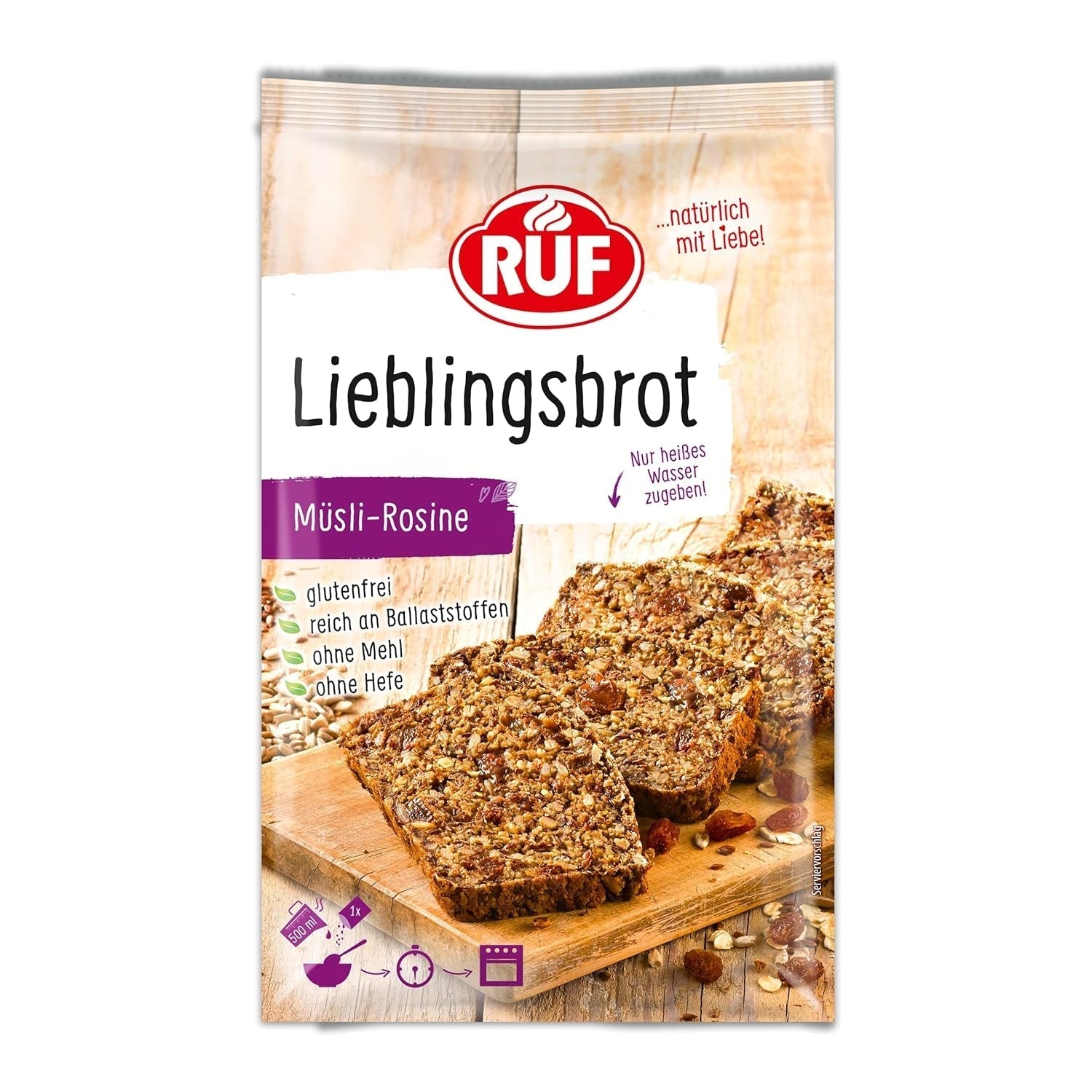 RUF Lieblingsbrot Protein, Brot-Backmischung, Brotmischung, Brotteig-Mischung, Proteinreiches Brot, Glutenfrei, Ohne Mehl & Hefe, 1 X 500 G Naty Shop 600 G (opakowanie 1Er) Muesli-Rasine