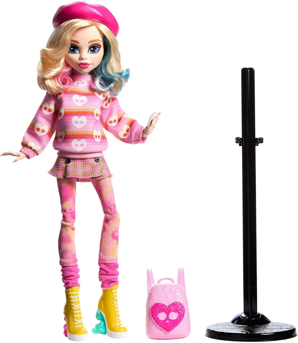 Lalka Monster High Wednesday i akcesoria, różowa figurka kolekcjonerska Enid Sinclair z beretem i plecakiem, stojak na lalki, lalki HXJ05 Naty Shop