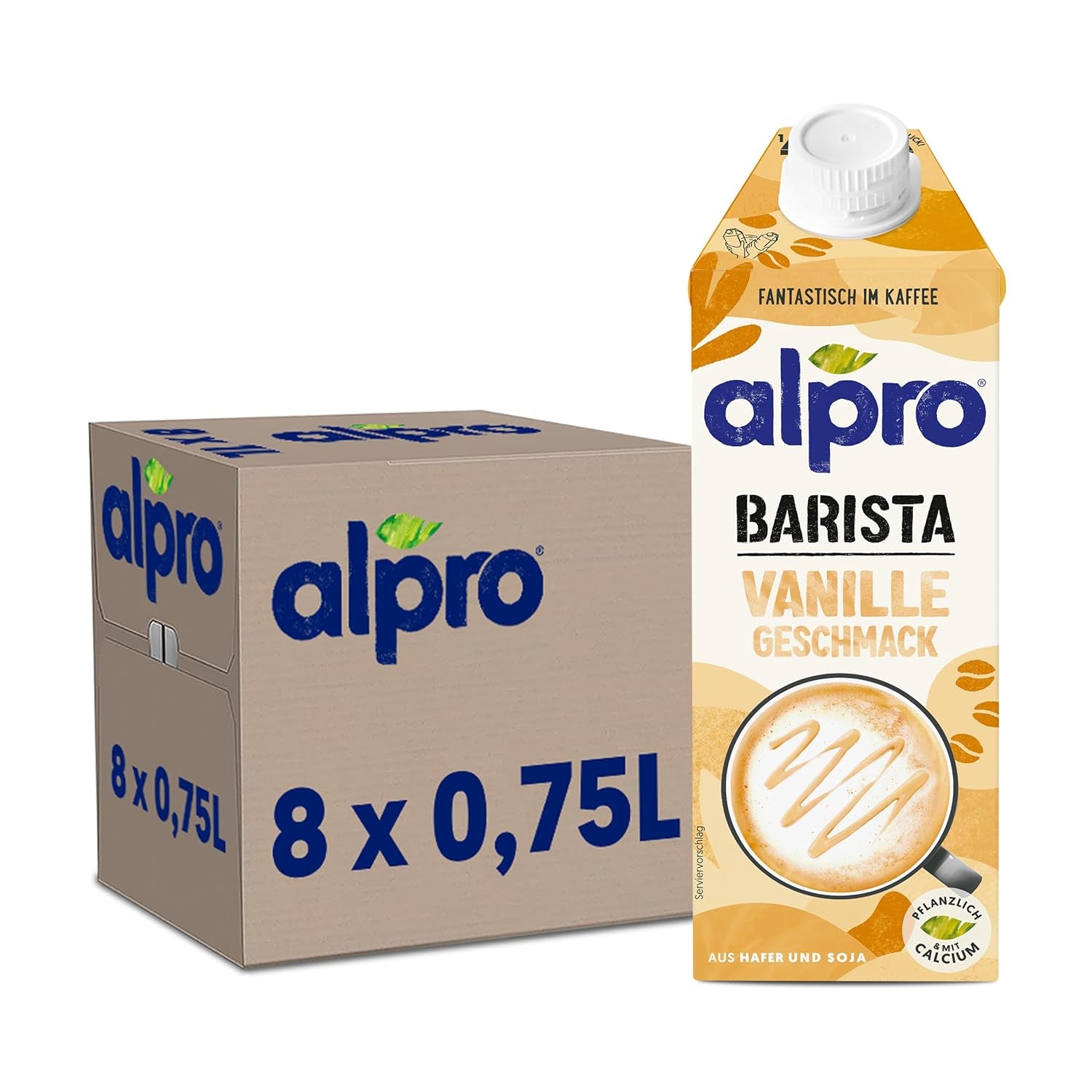 Alpro Barista Vanille – Zum Aufschäumen – Von Natur aus laktosefrei – Reich an Ballaststoffen, Calcium und Vitaminen – 8 x 750 ml – Haltbar