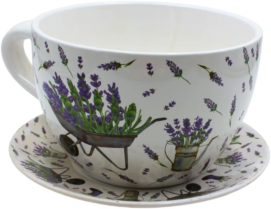 Ghiveci de flori Dekohelden24, jardinieră, ghiveci pentru plante, recipient pentru plante, ghiveci de flori. Ghiveci ceramic în formă de cupă cu mâner, design: lavandă, L/l/Î 25 x 23 x 14 cm.