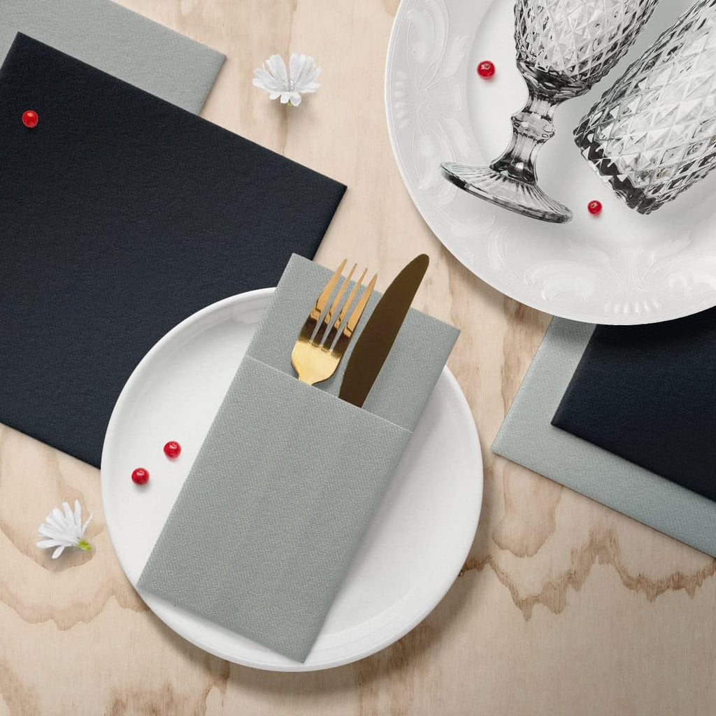 PAW - Șervețele pentru tacâmuri Airlaid - Fabric-like (39 X 40 Cm 1/8 fold) | 50 bucăți | Horeca | Ideal pentru nuntă, botez, comuniune, aniversare | Buzunare pentru tacâmuri | Gri