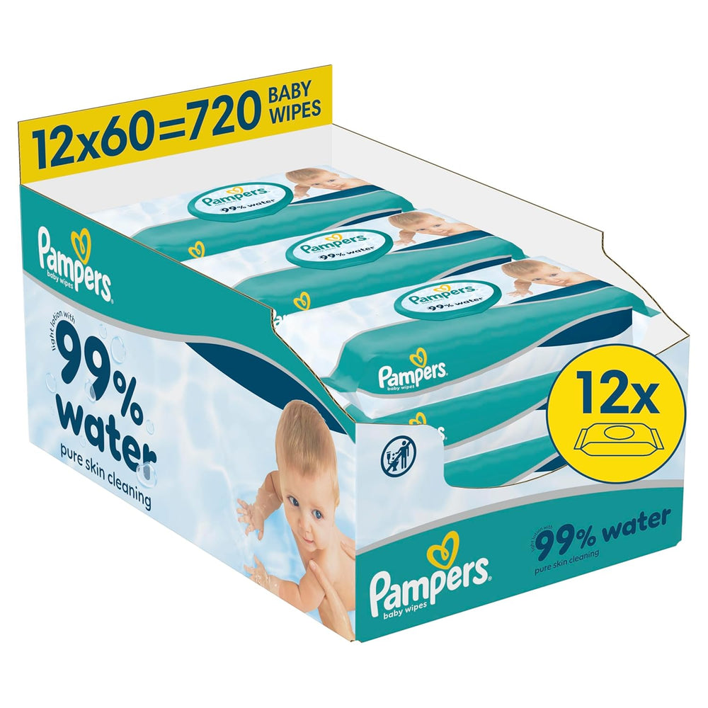 Chusteczki dla niemowląt Pampers 99% Water, 12 opakowań po 60 chusteczek = 720 chusteczek dla niemowląt, lekki balsam 99% wody