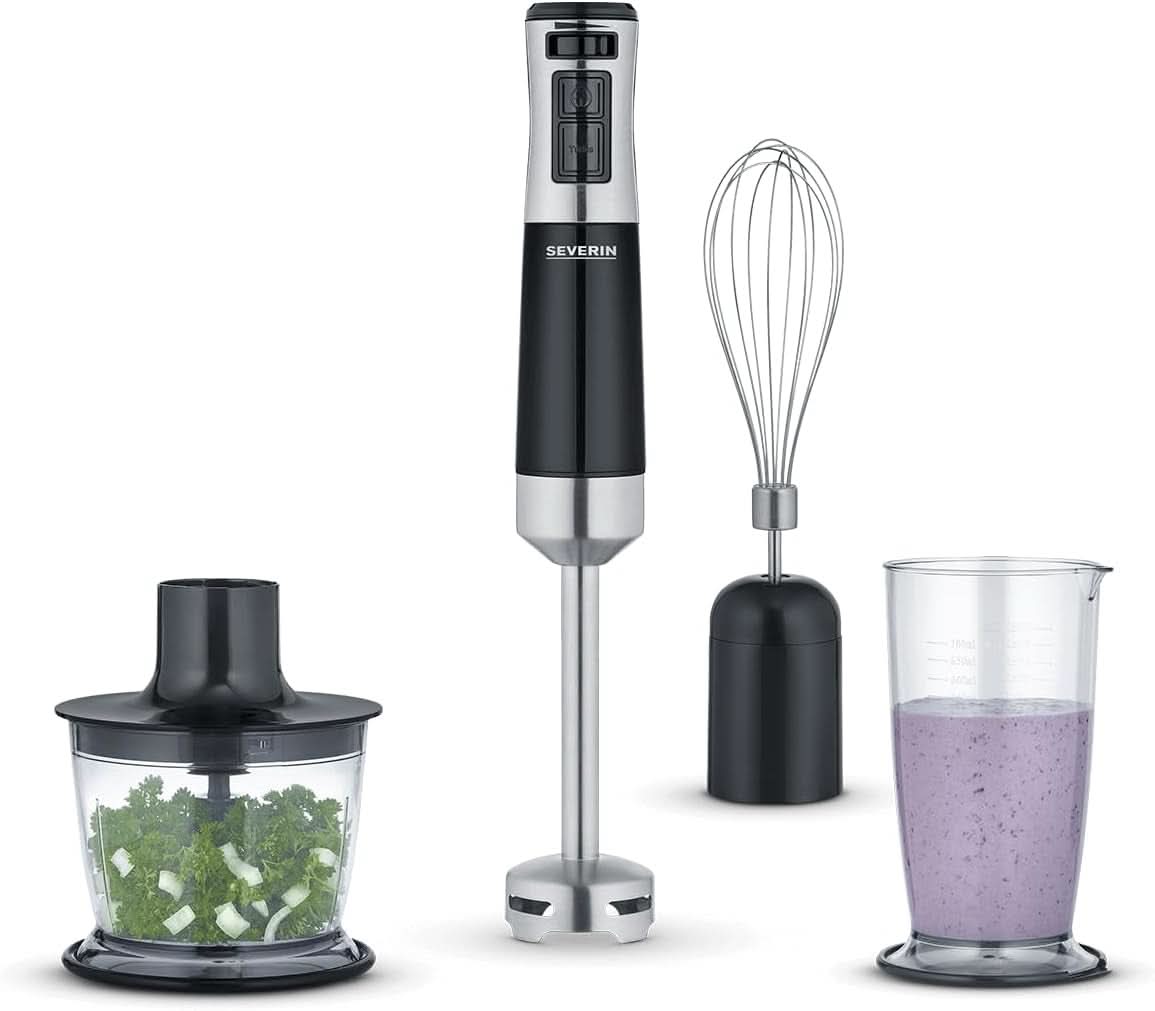 SEVERIN Kabelloser Stabmixer Mit Premium-Set, Abnehmbarer Mixstab, Mit Pürierstab, Multizerkleinerer, Mixbehälter, Kartoffelstampfer & Schneebesen, Schwarz/Edelstahl-Gebürstet, SM 3775 Mother and Child Naty Shop 600 W Inkl. Zestaw Zubehör