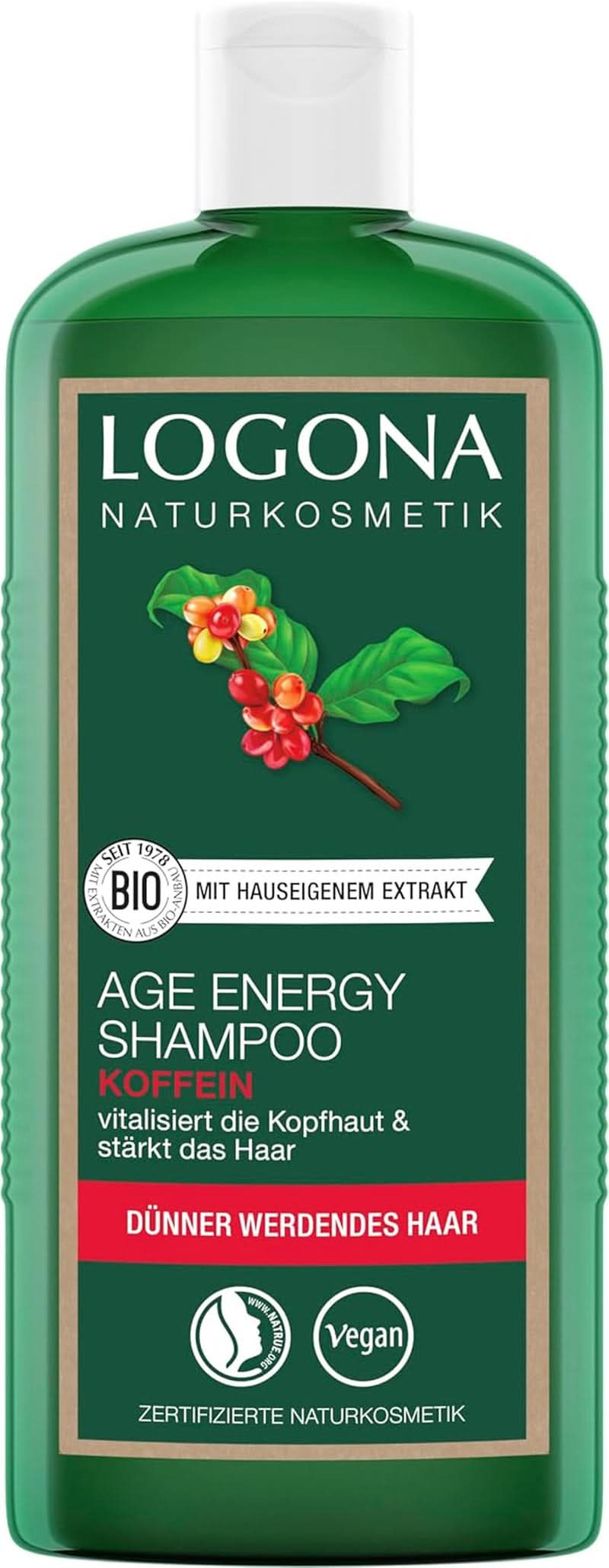 LOGONA Kosmetyki Naturalne, Szampon, wegańska formuła z organiczną kofeiną, 250 ml Prysznic i kąpiel Naty Shop 1,5 litra