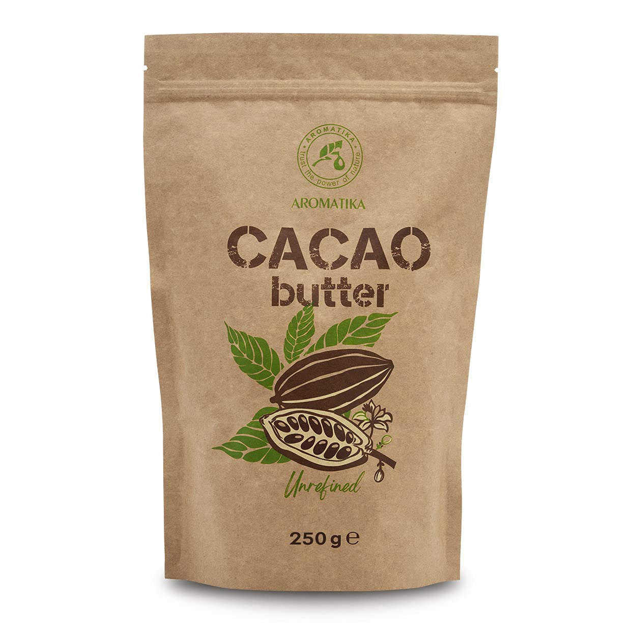 Kakaobutter - 250g - Theobroma Cacao - Surowe masło kakaowe - Masło Kakao w Stücken - Kaltgepresst - Unraffiniert - Rein und Naturlich - für Speisen und Hautpflege - Masło kakaowe