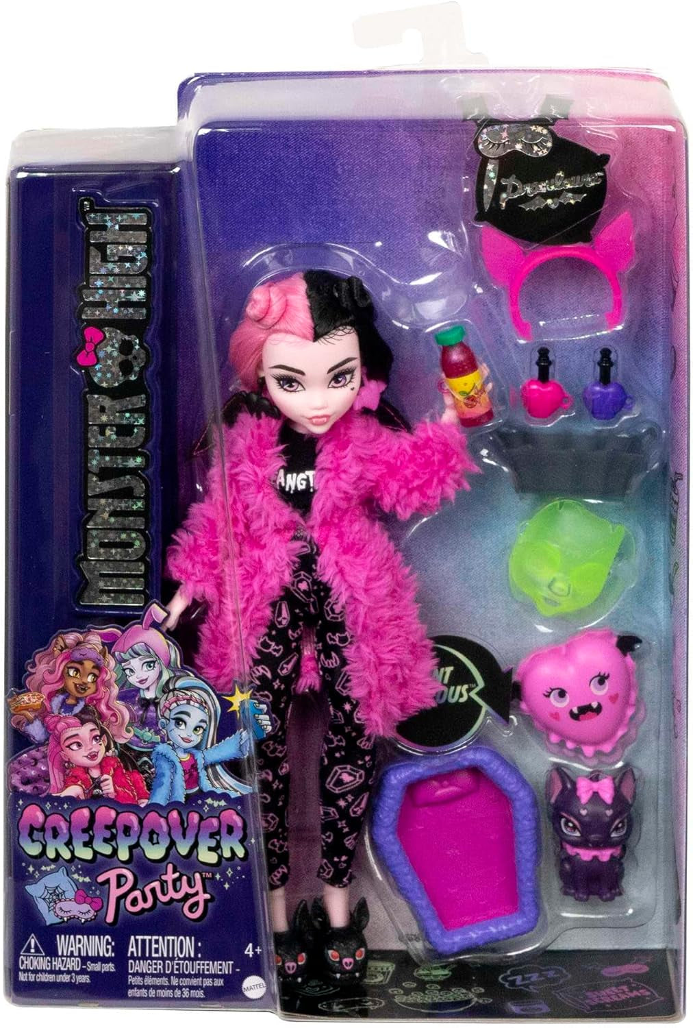 Păpușă MONSTER HIGH și accesorii pentru petrecerea în pijamale, animalul de companie al păpușii Draculaura Bat Count Fabulous, Creepover Party, HPY66 Papusi Naty Shop