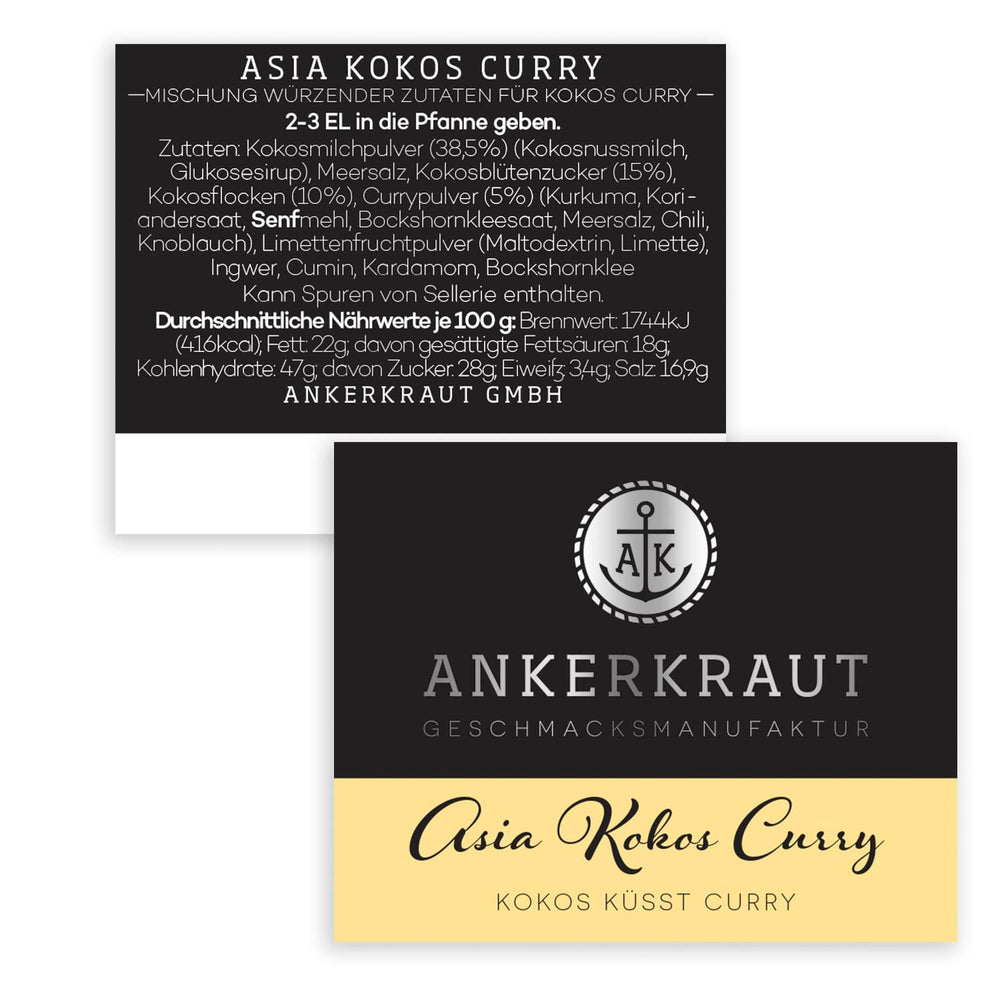 Ankerkraut Asia Kokos Curry, 85 g w szkle korkowym, Gewürz für Kokos-Milch Gemüse Fleisch, Einfach Lecker Zu Hause Kochen, Premium Qualität in der Panne