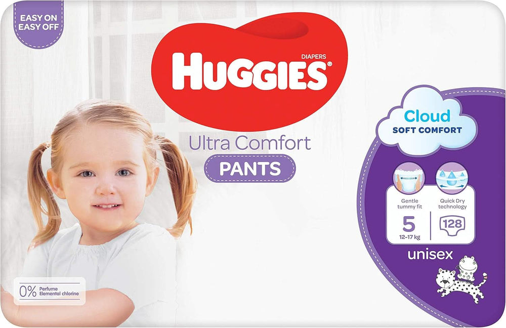 Spodnie Huggies Ultra Comfort, rozmiar 5, 12-17 kg, Dla aktywnych dzieci, Ze wskaźnikiem wilgoci i technologią chmurki w pasie, 128 pieluch Sklep dla matek i dzieci Naty Shop