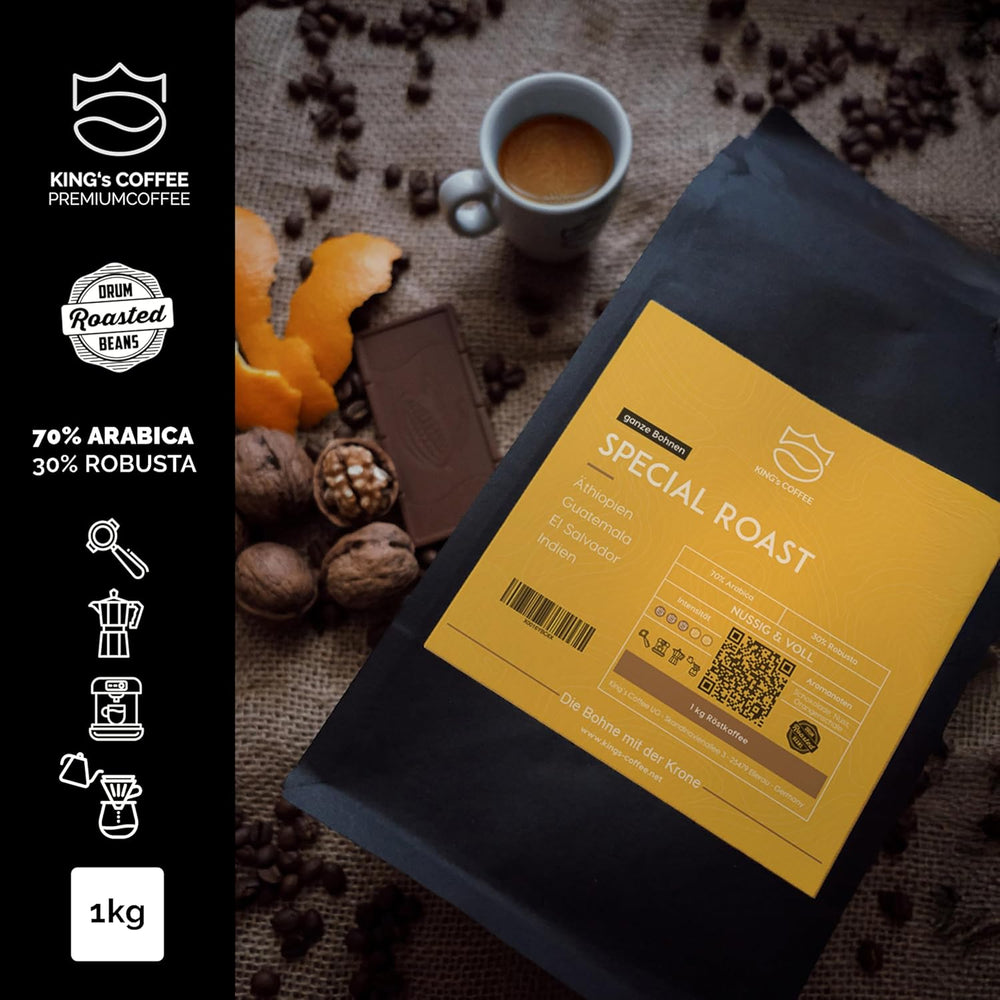 KING'S COFFEE - PRĂJIRE SPECIALĂ - 1 kg Boabe Espresso Premium Barista - Cafea cu Aciditate Scăzută - Prăjire în Loturi Mici din Italia - Cel mai fin amestec Arabica-Robusta pentru aparate complet automate și portafiltru