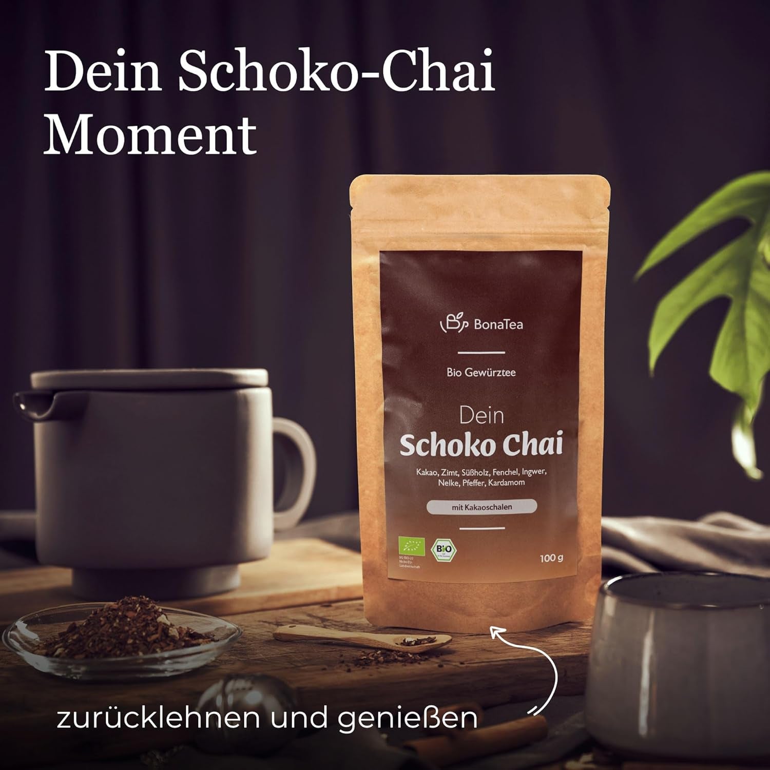 Ceai cu condimente BIO Schoko-Chai fără zahăr, cu coji de cacao, scorțișoară, lemn dulce și alte condimente aromatice Chai, 100 g