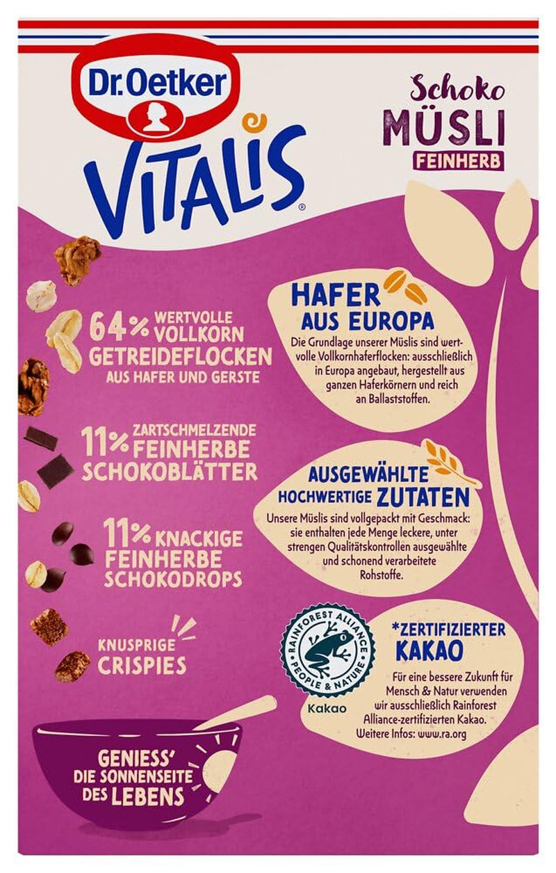 Dr. Oetker Vitalis Muesli z ciemnej czekolady: Muesli śniadaniowe z ciemną czekoladą, opakowanie 6 sztuk (6 x 600 g)