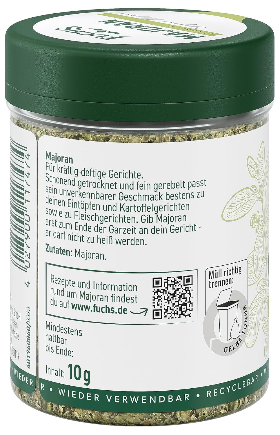 Fuchs Gewürze - Majeranek gerebelt - zum Würzen von Kartoffelgerichten, Fleischgerichten oder Eintöpfen - naturalne składniki - 10 g w wiederverwendbarer, recyclebarer Dawka
