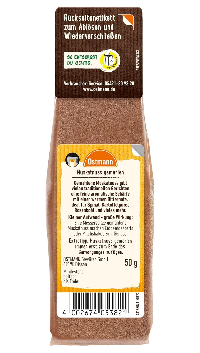 Ostmann Gewürze - Muskatnuss gemahlen | Idealny do dodawania smaku potrawom ziemniaczanym Zum Nachfüllen der Streudose | Zamykana torebka o pojemności 50 g