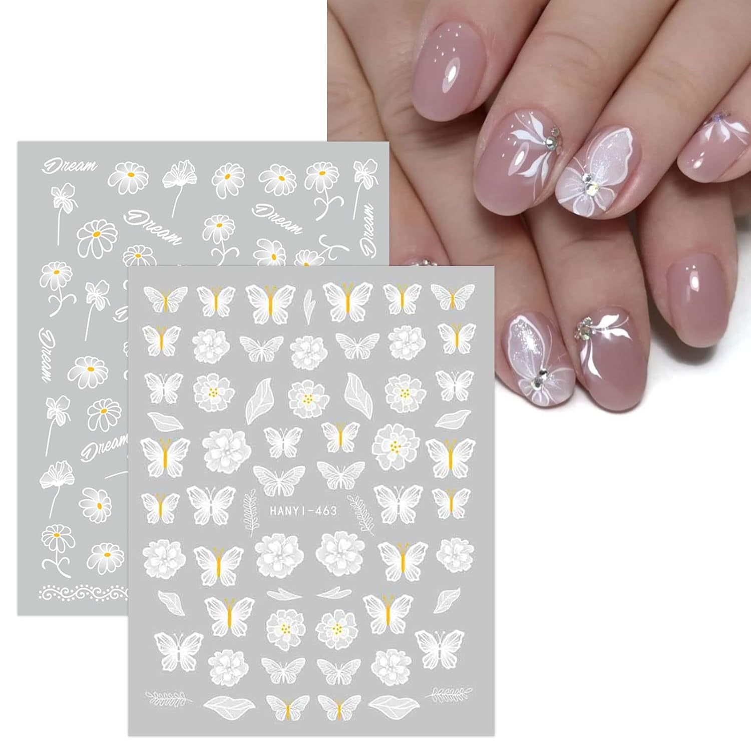 JMEOWIO Nagelsticker Frühlings Weiß Blume 12 Blatt Nail Art Sticker Selbstklebend Nagelaufkleber Sommer Schmetterling Blumen Blatt Dekoration Nageldesign Zubehör