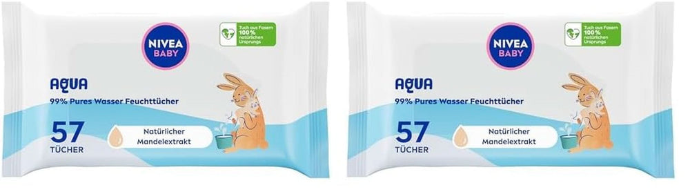 NIVEA Baby AQUA Feuchttücher, Baby Feuchttücher Zur Sanften Reinigung Empfindlicher Haut, Hypoallergene Und Parfümfreie Feuchttücher Für Babies Mit 99% Wasser (1 X 57 Stück) Chusteczki nawilżane dla niemowląt Naty Shop 57 Stück (opakowanie 2Er)