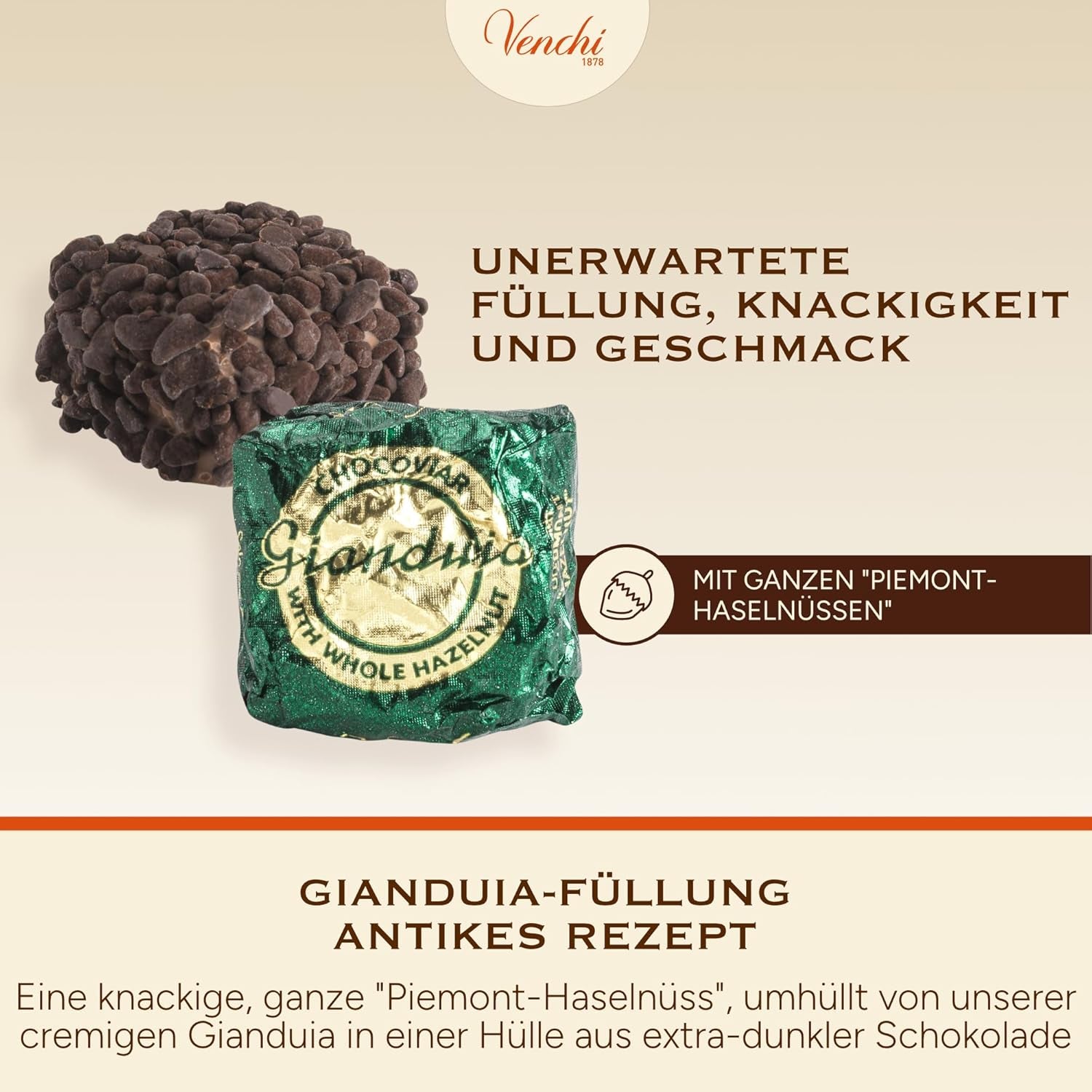 Venchi – Chocoviar Gianduia, praliny w torebce 1 kg, czekolada Gianduia produkowana wyłącznie z „orzechów laskowych Piemontu leśnych”, bezglutenowa, bez sztucznych barwników i bez konserwantów