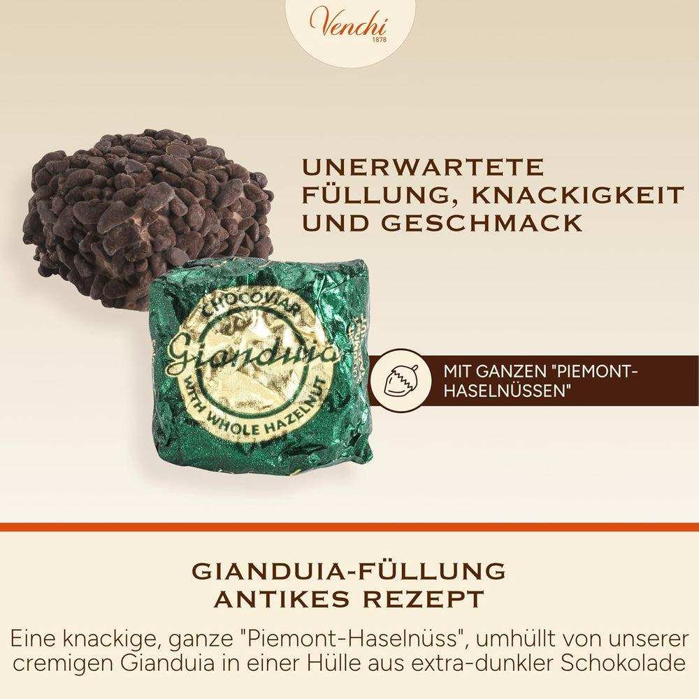 Venchi – Chocoviar Gianduia, praliny w torebce 1 kg, czekolada Gianduia produkowana wyłącznie z „orzechów laskowych Piemontu leśnych”, bezglutenowa, bez sztucznych barwników i bez konserwantów