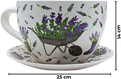 Ghiveci de flori Dekohelden24, jardinieră, ghiveci pentru plante, recipient pentru plante, ghiveci de flori. Ghiveci ceramic în formă de cupă cu mâner, design: lavandă, L/l/Î 25 x 23 x 14 cm.