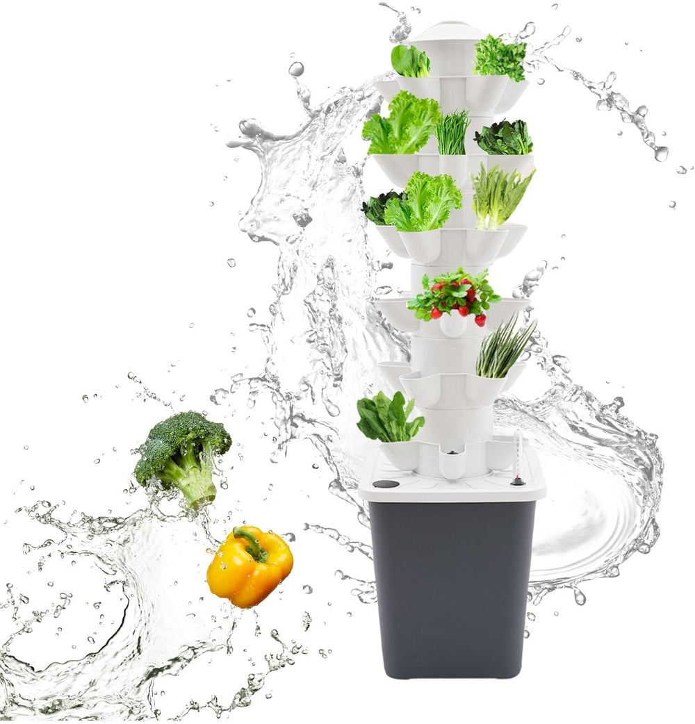 Wieża hydroponiczna z 30 kapsułkami, ogrodowy system uprawy hydroponicznej, 6-poziomowy zestaw do pionowej uprawy hydroponicznej, wieża aeroponiczna z pompą nawadniającą, adapterem i rozsadnikiem (szary)