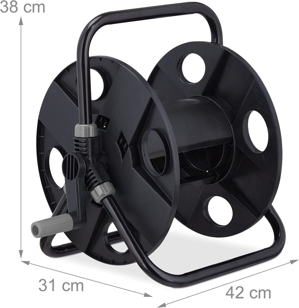 Rolă furtun Relaxdays, pentru furtun de 30 m 1/2", oțel, plastic, suport furtun, HL: 38 x 42 x 31 cm, negru/gri