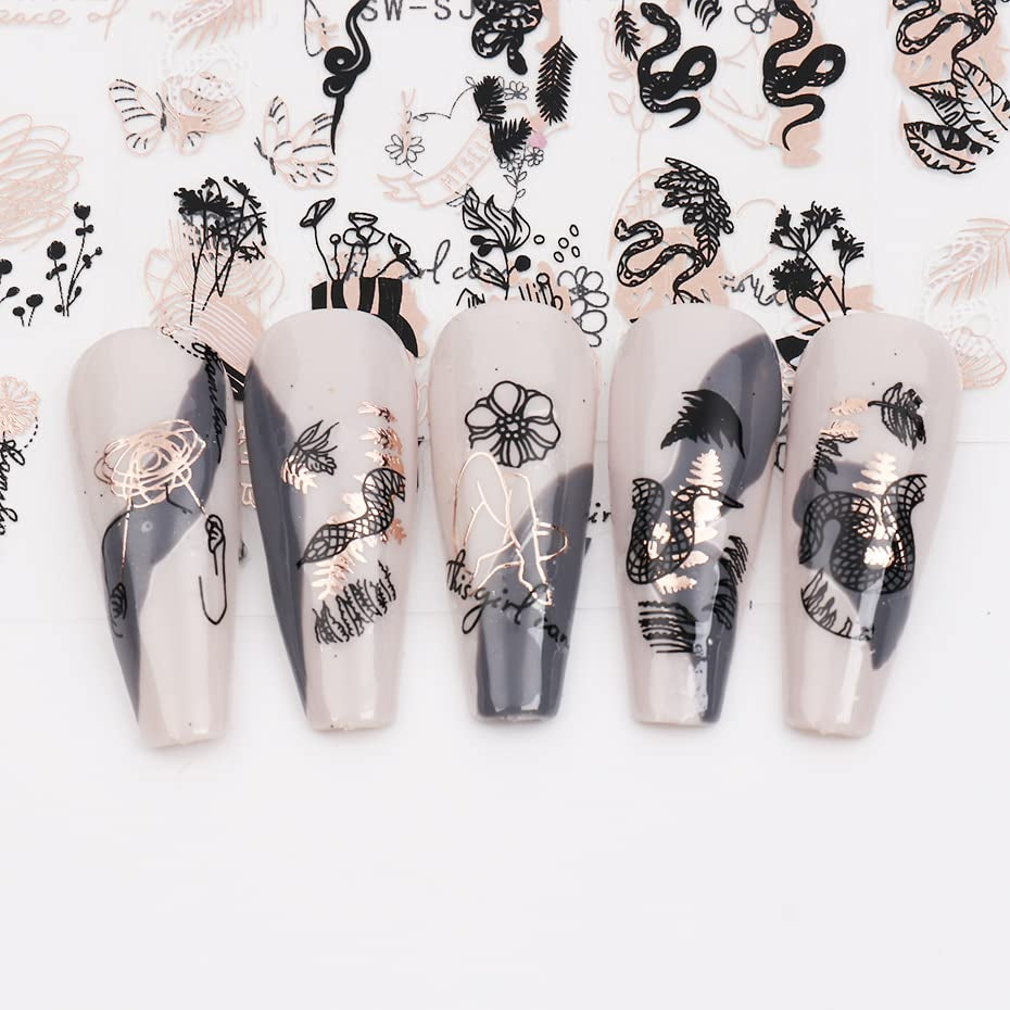 JMEOWIO Nagelsticker Rose Gold Schwarze Blume 12 Blatt Nail Art Sticker Selbstklebend Nagelaufkleber Frühlings Linie Abstraktes Blatt Dekoration Nageldesign Zubehör