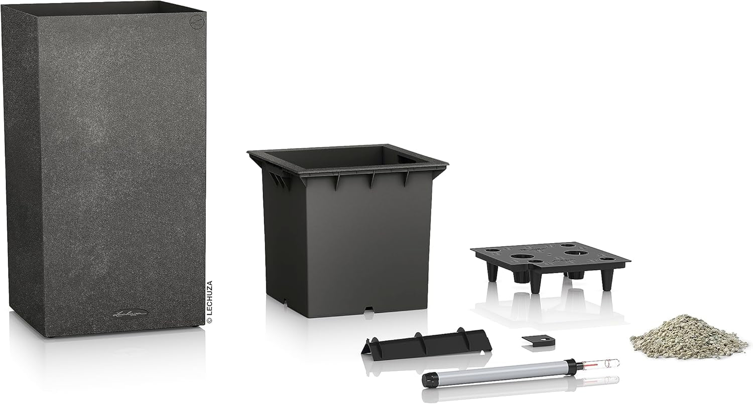 Lechuza CANTO Stone 30 înălțime, Negru grafit, Plastic de înaltă calitate, Include sistem de udare, Inserție de plantare detașabilă, Pentru uz interior și exterior, 13602, 30x30x56 cm