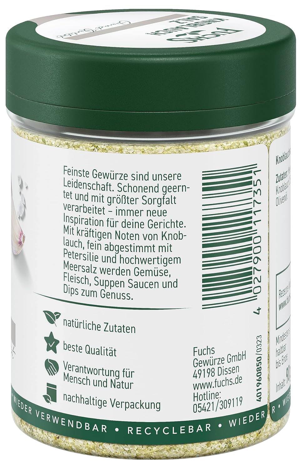 Fuchs Gewürze - Knoblauchsalz - Gewürzsalz für Dips, Saucen und Gemüse - naturalne składniki - 90 g w wiederverwendbarer, recyclebarer Dawka