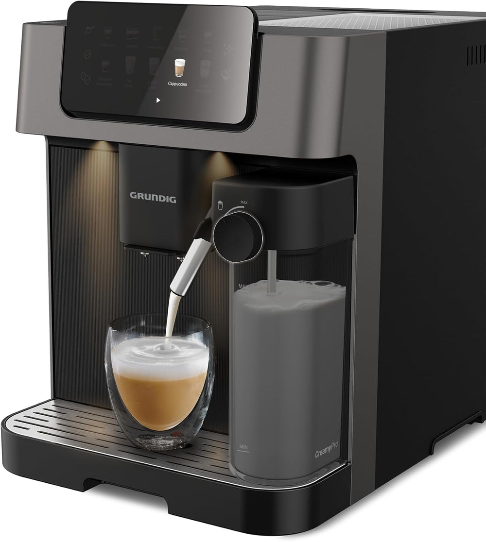 Espressor complet automat GRUNDIG KVA 6230 cu spumator de lapte, râșniță din oțel inoxidabil cu 13 setări de măcinare, recipient boabe 250 g, rezervor de apă detașabil de 2 litri, presiune pompă 19 bar, afișaj tactil, negru