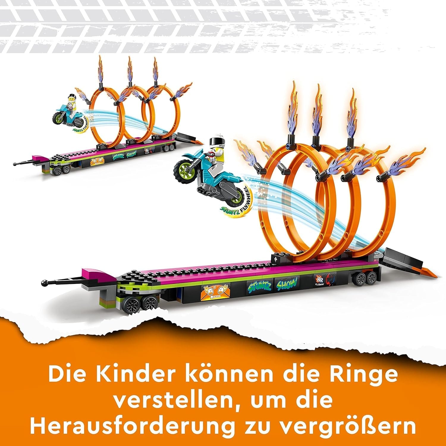 LEGO 60357 City Stuntz Stunttruck mit Feuerreifen-Challenge, mit schwungradbetriebenem Motorradspielzeug und Minifiguren, lustiges Geschenk für Kinder ab 6 Jahren, 2023 Set