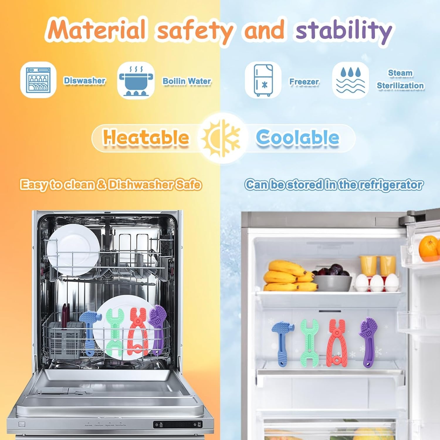 Inel de dentiție pentru bebeluși [Original] - Jucărie de dentiție din silicon, inel de dentiție răcoritor, ajutor pentru dentiție, fără BPA | Jucării, accesorii și cadouri pentru copii mici de 3+ luni | Pachet de 4