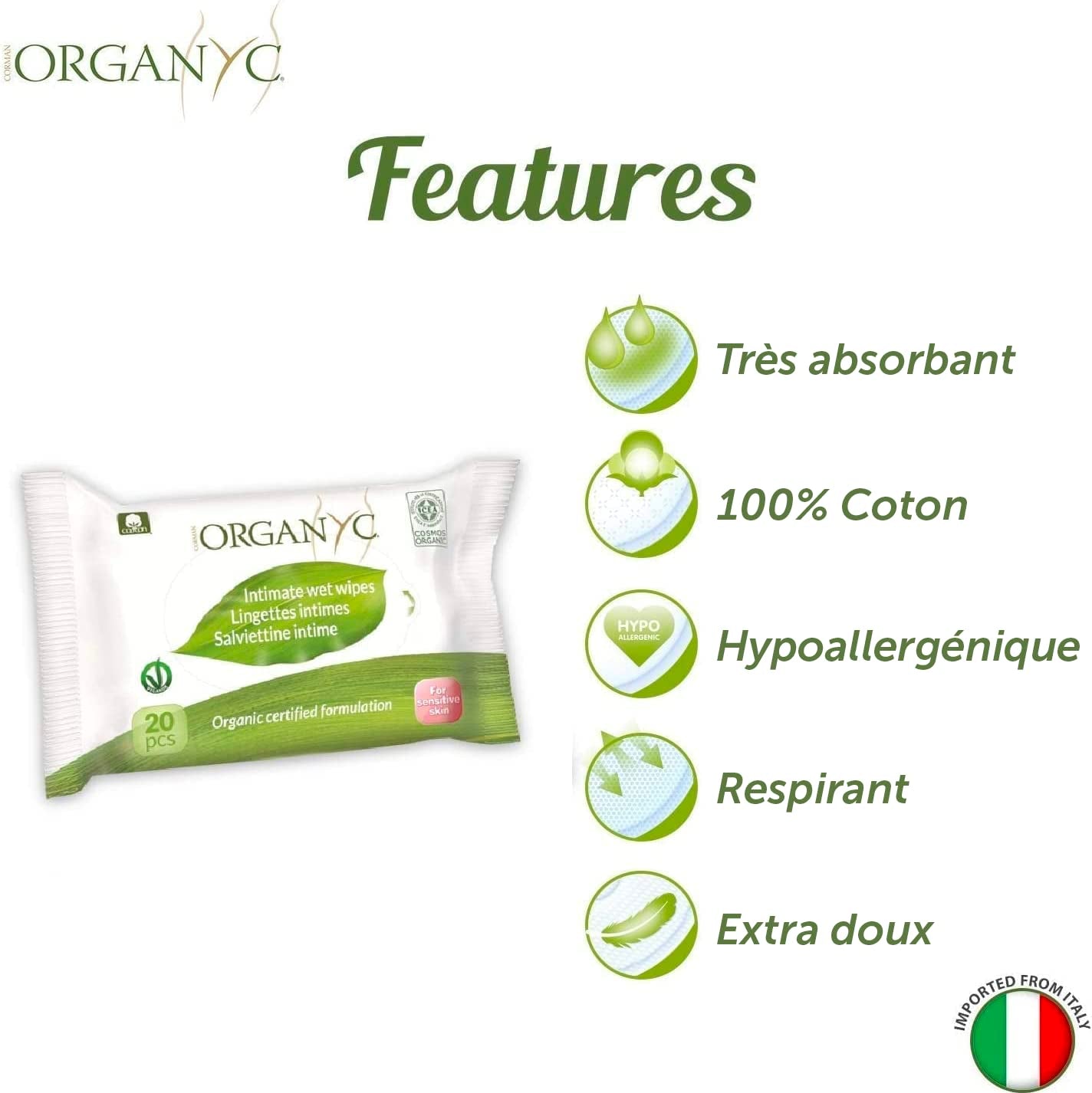 Organyc Wilgotne chusteczki do higieny intymnej, wykonane w 100% z certyfikowanej bawełny organicznej – 4 opakowania po 20 chusteczek (łącznie 80 chusteczek)