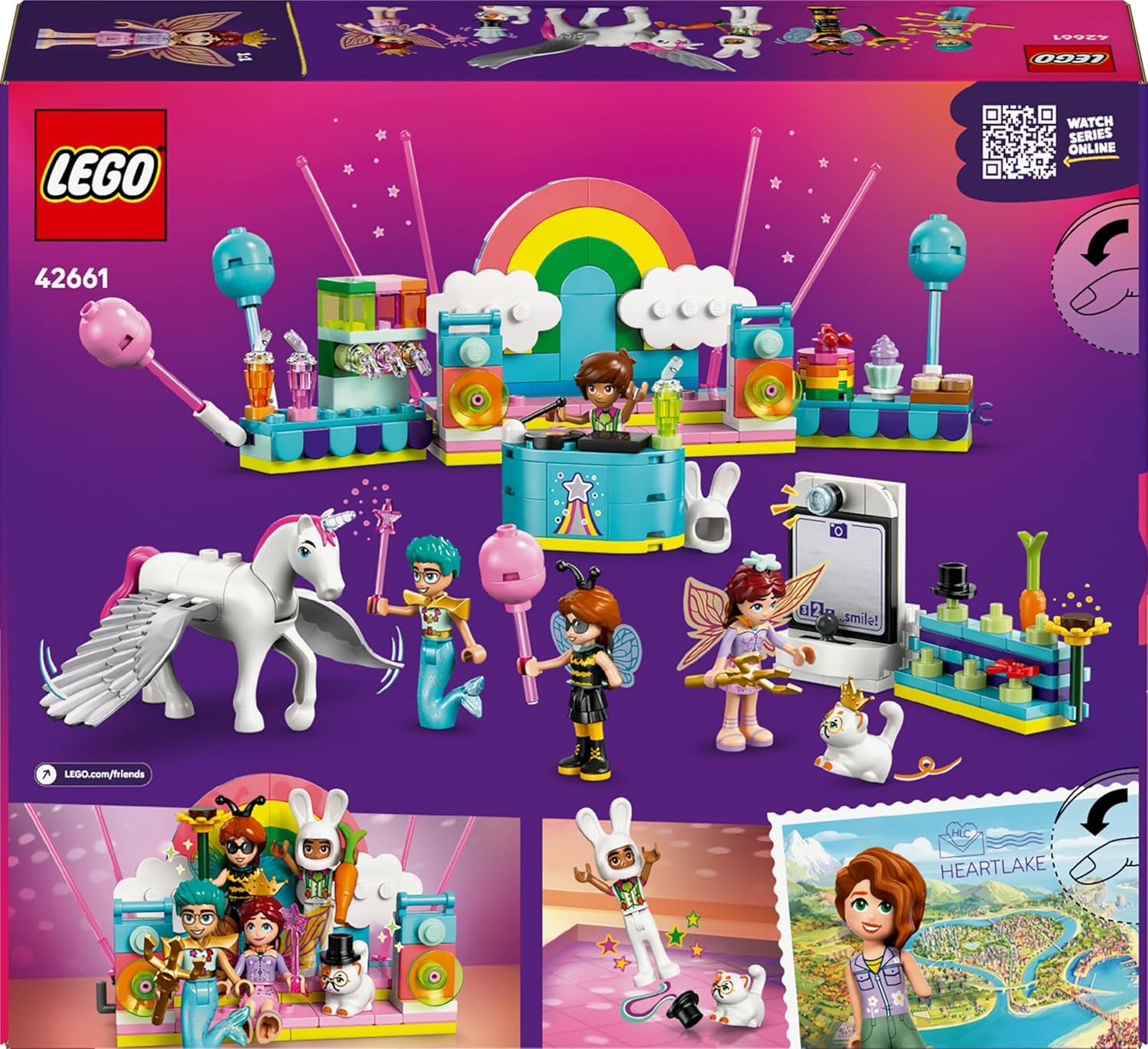 LEGO Friends Kostümparty mit Einhorn und Fee - Spielzeug für Mädchen ab 6 Jahren - Bühne, DJ-Pult, 4 Minipuppen, der Katze Churro und Einer Pferdefigur sowie lustigem Zubehör - Pomysł na prezent - 42661