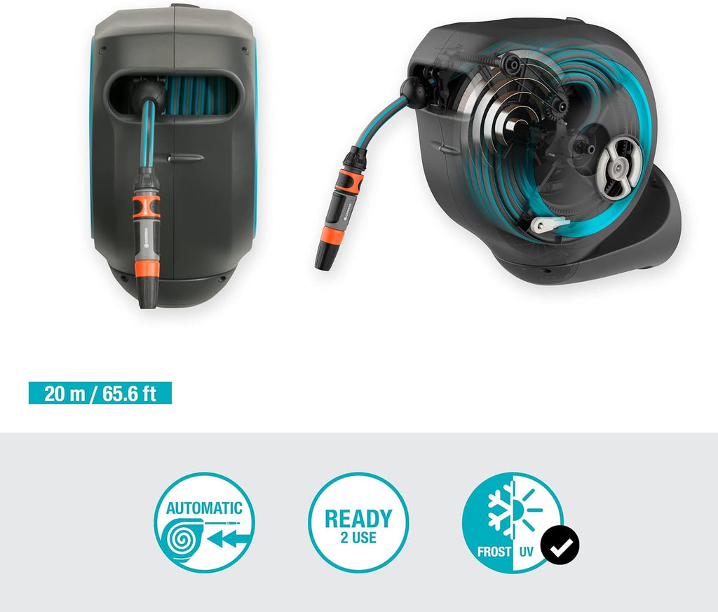 Cutie de furtun de perete Gardena RollUp M (turcoaz) 20m: Irigații flexibile pentru grădini de dimensiuni medii, tambur de furtun rotativ, cu suport de perete, componente ale sistemului și duză de pulverizare, inclusiv furtun de 20m (18610-20)