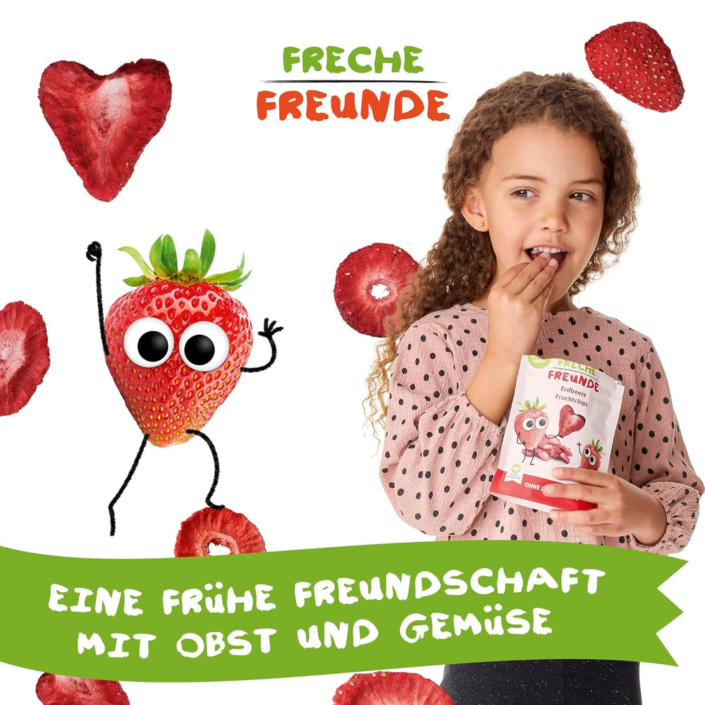 FRECHE FREUNDE Organiczne chipsy truskawkowe, liofilizowane chipsy owocowe, naturalne suszone owoce w plasterkach bez dodatku cukru, wegańskie, bez laktozy, bezglutenowe, opakowanie 12 sztuk (12 x 12g)
