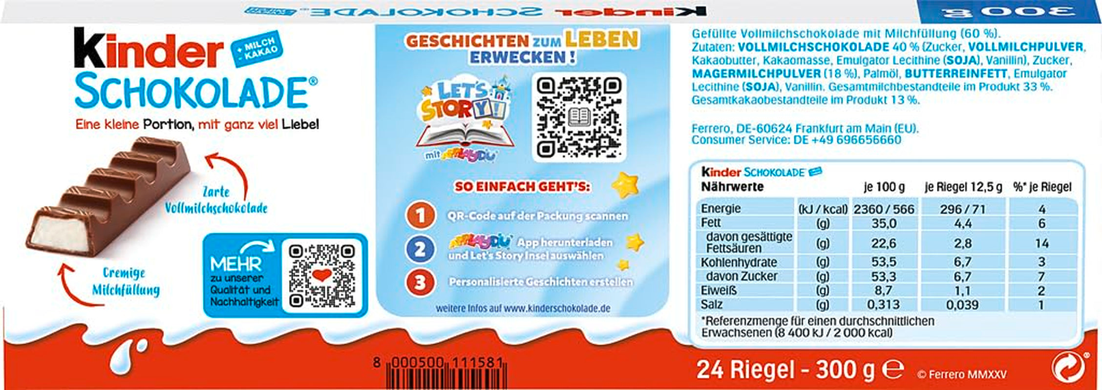 Kinder Chocolate - Nadziewane batoniki mlecznej czekolady - 1 opakowanie zawierające 24 pojedyncze batoniki (24 x 12,5 g).