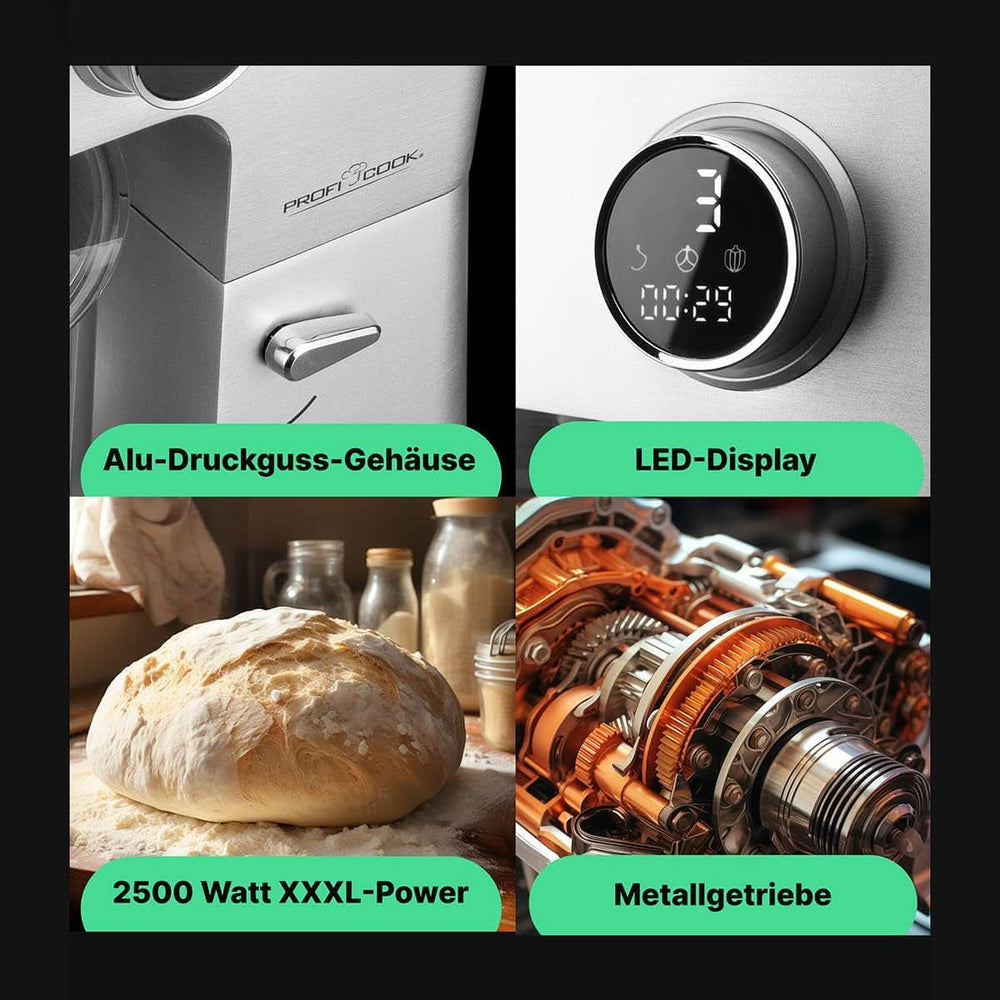 Proficook® Küchenmaschine Mit XXL 12L Schüssel | Silnik Knetmaschine Mit 2500W Longlife-Profi | Metallgetriebe i wyświetlacz LED | Robot kuchenny Für Bis Zu 8,5 kg ciasta | 13 prędkości | PC KM 1254 Sklep Naty dla Matki i Dziecka