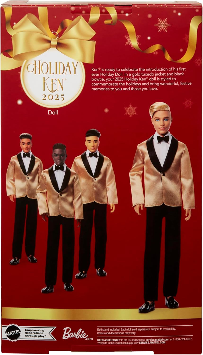 Barbie Signature 2025 Holiday Blonder Ken Modepuppe zum Sammeln in komplettem Anzug mit Goldener Jacke in Einer Verpackung zum Ausstellen und mit Puppenständer, JGK55