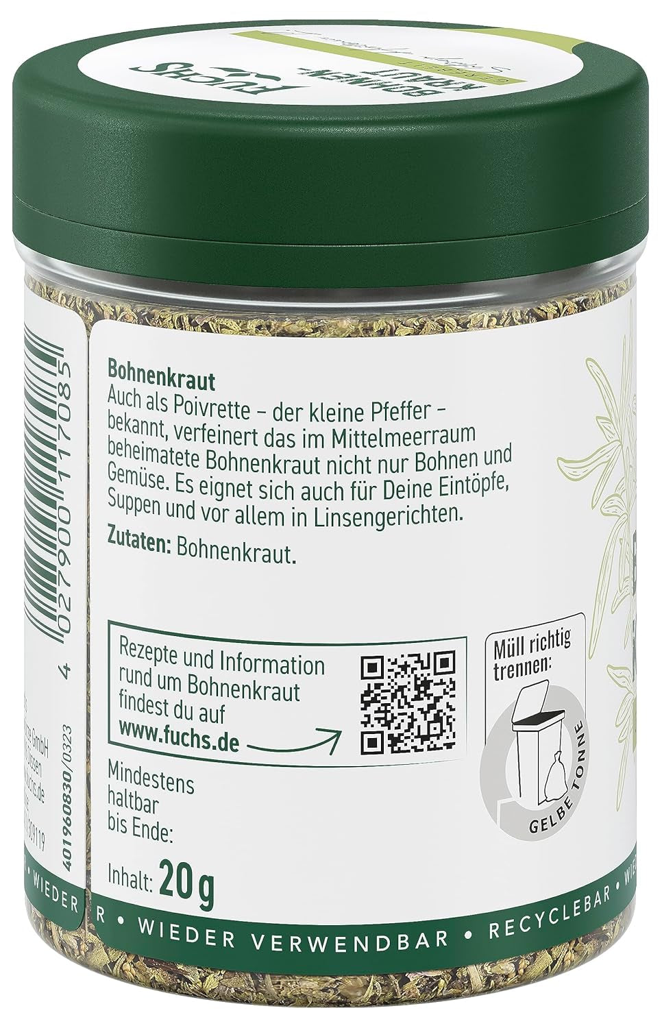 Fuchs Gewürze - Bohnenkraut gerebelt - idealny do Gemüsegerichte, Bohnengerichte oder Eintöpfe - naturalne składniki - 20 g w wiederverwendbarer, recyclebarer Dawka