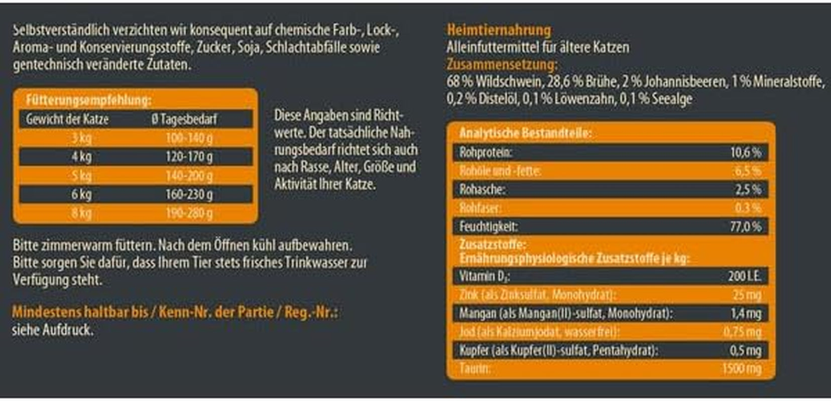 Dehner Wild Nature Katzenfutter Unterholz, Nassfutter getreidefrei / zuckerfrei, für ältere Katzen, Wildschwein, 6 x 400 g Dose, (2.4 kg)