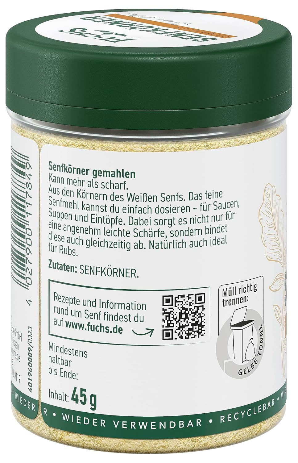 Fuchs Gewürze - Senfkörner gemahlen - für die Zubereitung von Rubs, zum Verfeinern von Suppen und Saucen - naturalne składniki - 45 g w wiederverwendbarer, recyclebarer Dawka